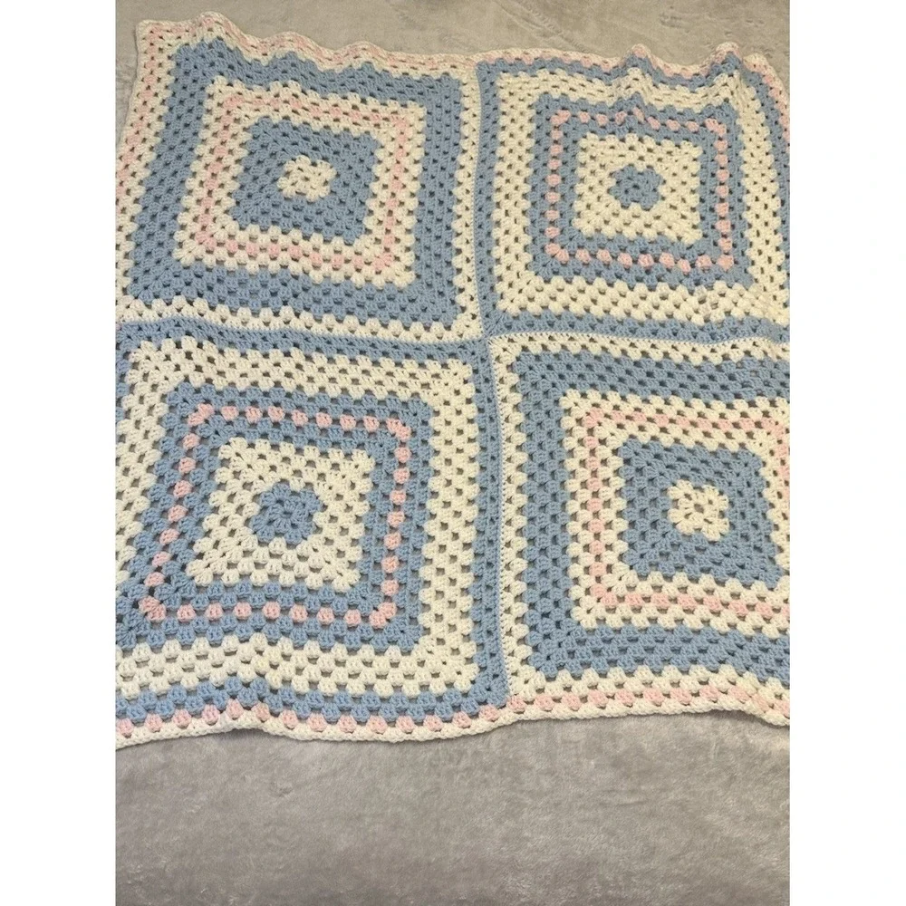 Granny Square Afghan Baby Lap Blanket Pastel Pink Blue  Hand Crocheted 35
